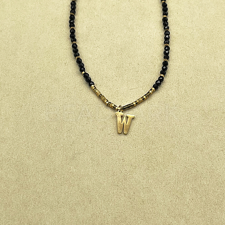 Stainless Steel Initial Pendant Faceted Round Natural Black Spinel Beaded Necklaces for Women ZD9259-23-1