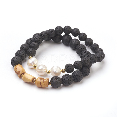 Natural Lava Rock Beads Couples Stretch Bracelets Sets BJEW-JB03880-1
