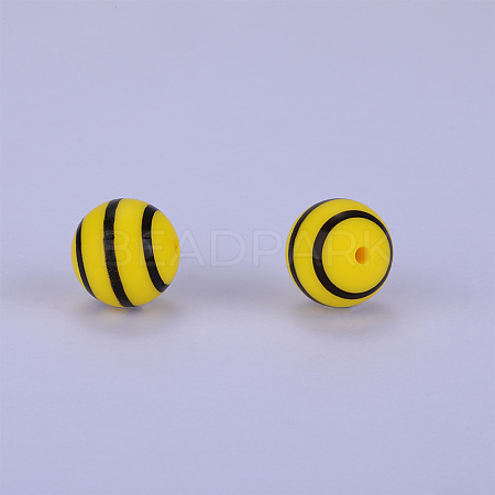 Printed Round with Stripe Pattern Silicone Focal Beads SI-JX0056A-140-1