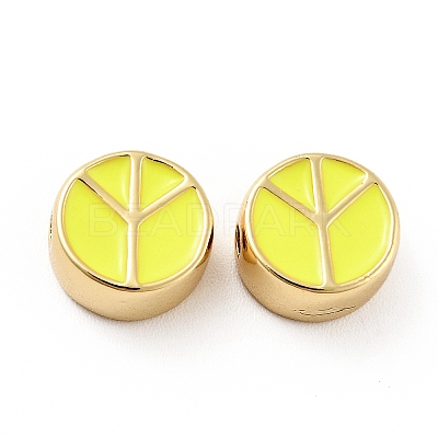 Flat Round with Peace Sign Brass Enamel Beads KK-G419-05G-08-1