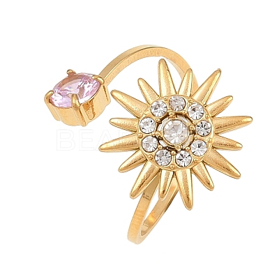 304 Stainless Steel with Glass Rhinestone Open Cuff Rings RJEW-Z132-05G-1