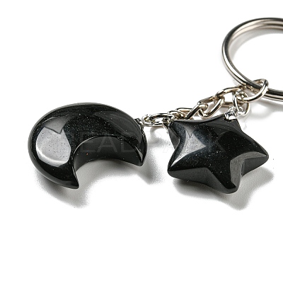 Reiki Natural Obsidian Moon & Star Pendant Keychains KEYC-P015-02P-01-1