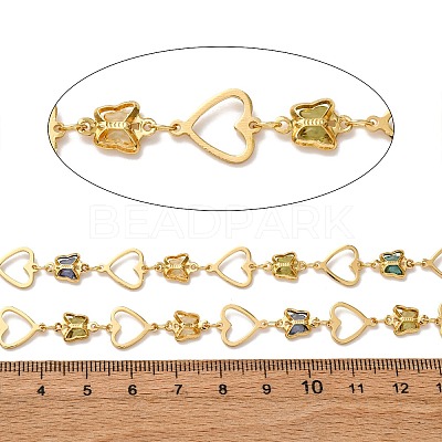 Brass Heart with Butterfly Link Chains with Glass KK-D422-12G-1