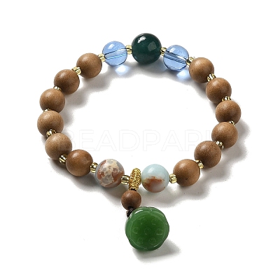 Synthetic Shoushan Stone & Sandalwood Beaded Stretch Bracelets with Glass Lotus Pod Charms BJEW-B080-06-1