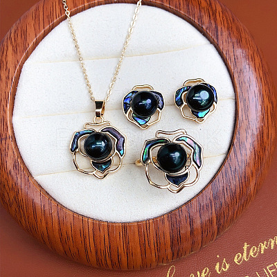 Camellia Alloy & Natural Freshwater Pearl & Natural Shell Pendant Necklace & Stud Earring & Ring FS-WG8E162-03-1