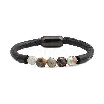 Men's Black Onyx Stone Beaded Bracelet with Magnetic Clasp Leather Weave Jewelry ST9478431-1