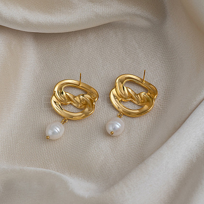 304 Stainless Steel Freshwater Pearl Dangle Stud Earrings for Women VW9874-1