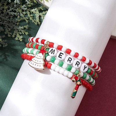 4Pcs 4 Styles Christmas 4mm Round Glass Seed Beaded Stretch Bracelet Sets BJEW-TA00500-1
