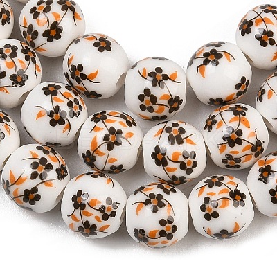 Handmade Flower Printed Porcelain Ceramic Beads Strands PORC-M007-10mm-04-1