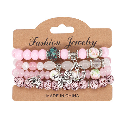 4Pcs Bohemian Style Alloy & Glass & Acrylic Charm Bracelets Set WG8E884-08-1