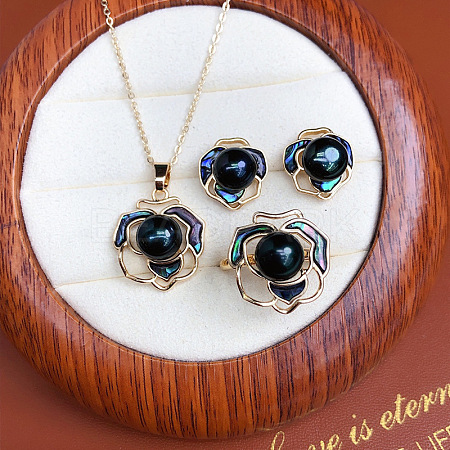 Camellia Alloy & Natural Freshwater Pearl & Natural Shell Pendant Necklace & Stud Earring & Ring FS-WG8E162-03-1