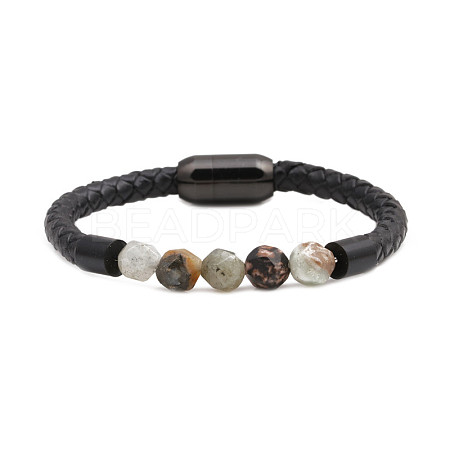 Men's Black Onyx Stone Beaded Bracelet with Magnetic Clasp Leather Weave Jewelry ST9478431-1