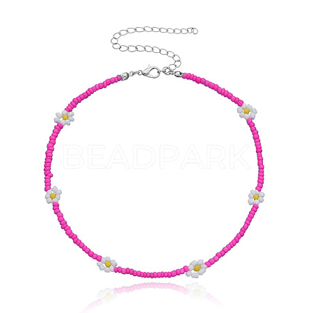 Bohemian Daisy Flower Glass Seed Beaded Necklaces with Alloy End Chains FS-WGC49A6-13-1