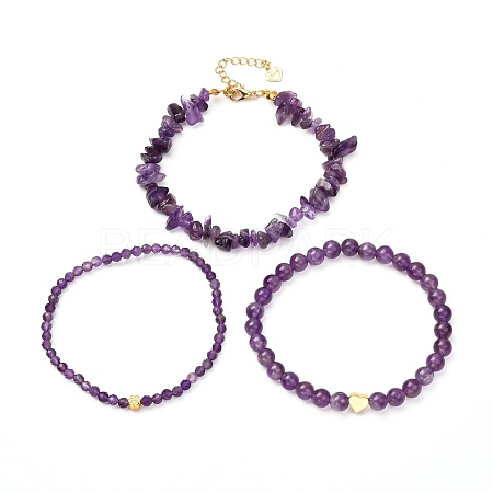 Natural Amethyst Stretch Bracelets Setsfor Women Men Girls Gifts BJEW-JB06692-1