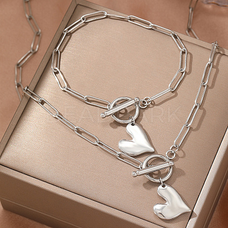 304 Stainless Steel Heart Charm Bracelets & Pendant Necklaces Sets for Women WG287A9-02-1