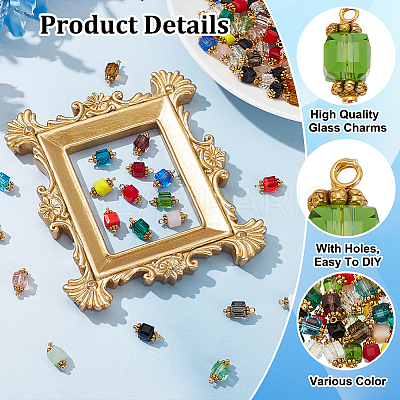 Glass Rectangle Charms with Golden Tone Brass Loops PALLOY-HY00011-1