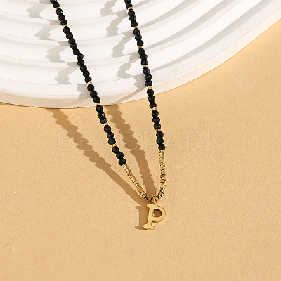 Stainless Steel Initial Pendant Faceted Round Natural Black Spinel Beaded Necklaces for Women ZD9259-16-1