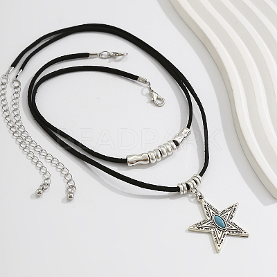 1 Set Alloy Pave Synthetic Turquoise Pendant Double Layer Cord Necklaces NJEW-CL0001-09B-1