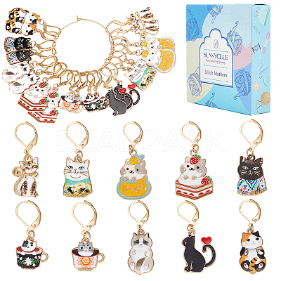 20Pcs 10 Style Alloy Enamel Cat Charm Locking Stitch Markers HJEW-SC0001-29-1