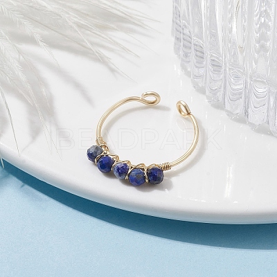 Copper Wire Wrapped Natural Lapis Lazuli Open Ring RJEW-JR00630-03-1