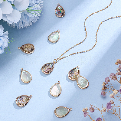 10Pcs 2 Colors Brass Pave Natural Paua Shell Teardrop Pendants DIY-AR0004-79-1