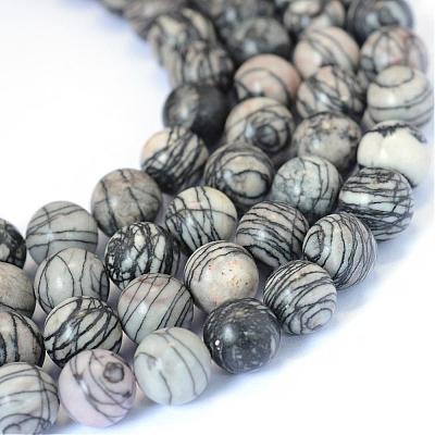Natural Black Silk Stone/Netstone Round Bead Strands G-E334-12mm-05-1