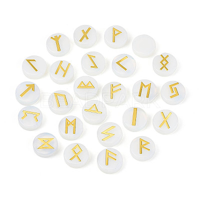 Brass Elder Futhark Alphabet Engraved Symbol Flat Round Opalite Rune Stones G-I373-01O-1