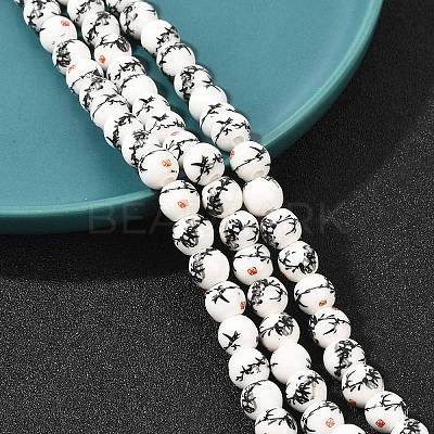 Handmade Flower Printed Porcelain Ceramic Beads Strands PORC-M006-8mm-02-1