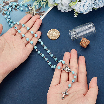 Sky Blue Acrylic Rosary Bead Necklaces NJEW-AB00002-1