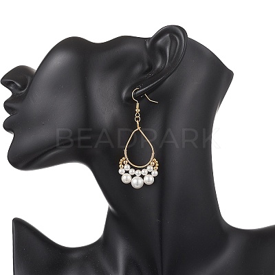 Copper Wired Shell Pearl & Pearl Dangle Earrings EJEW-JE06902-1