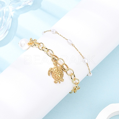 2Pcs 2 Styles 304 Stainless Steel Sea Turtle & Round Shell Pearl Charm Bracelets & 316 Surgical Stainless Steel Plastic Imitation Pearl Link Bracelets Set for Women BJEW-JB12422-1