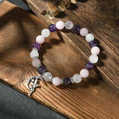 8mm Natural Rose Quartz & Quartz Crystal & Amethyst Round Beaded Stretch Bracelets BJEW-JB10738-02-1