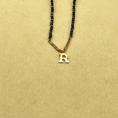 Stainless Steel Initial Pendant Faceted Round Natural Black Spinel Beaded Necklaces for Women ZD9259-18-1