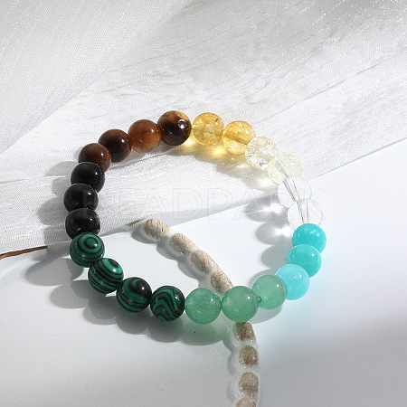 Natural Tiger Eye & Amazonite & Synthetic Malachite & Glass Round Bead Stretch Bracelets WG6A8BD-06-1