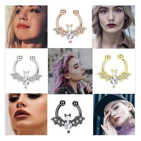 316L Stainless Steel Clear Cubic Zirconia Halloween Bat Clip-on Nose Septum Rings WG4B0C3-03-1