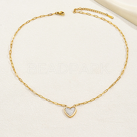 Natural Shell Heart Pendant Necklaces with Golden Stainless Steel Paperclip Chains EU3732-2-1