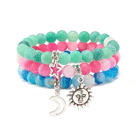 3Pcs Natural Weathered Agate(Dyed) Beaded Bracelets Set BJEW-JB07665-1