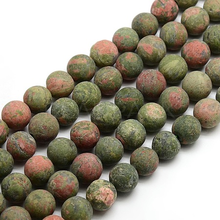 Natural Frosted Unakite Round Bead Strands G-M064-10mm-06-1