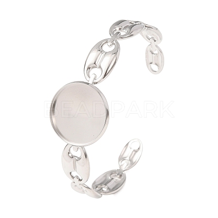 304 Stainless Steel Coffee Bean Chain Cuff Bracelet Blanks with Flat Round Bezel Settings SA-CBA4160-02C-P-1