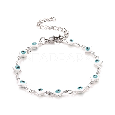 Enamel Rhombus with Evil Eye Link Chains Bracelet BJEW-P271-03P-02-1