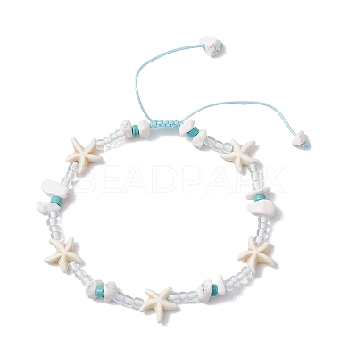 Starfish Synthetic Turquoise & Magnesite & Glass Seed Braided Beaded Adjustable Anklets AJEW-AN00651-1
