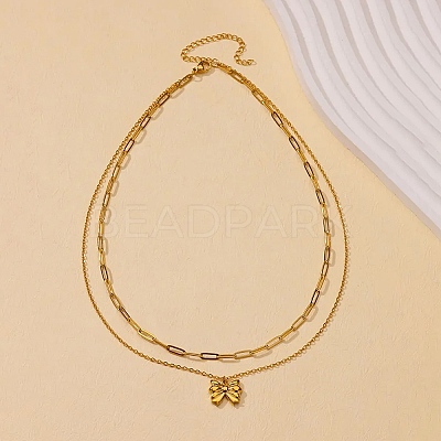 304 Stainless Steel Bowknot Pendant Necklaces LS-NJEW-L182-001G-06-1