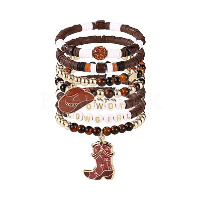 7Pcs Boot Western Cowboy Style Polymer Clay Heishi  & CCB Plastic & Natural Tiger Eye Beaded Bracelets FS-WG5CAF3-03-1