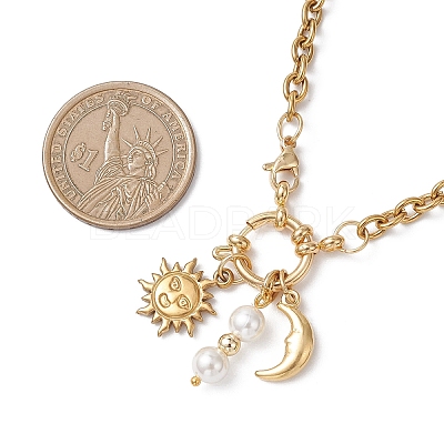 Round White Shell Pearl & 304 Stainless Steel Sun Moon Pendant Necklaces NJEW-JN05649-1