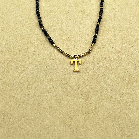 Stainless Steel Initial Pendant Faceted Round Natural Black Spinel Beaded Necklaces for Women ZD9259-20-1