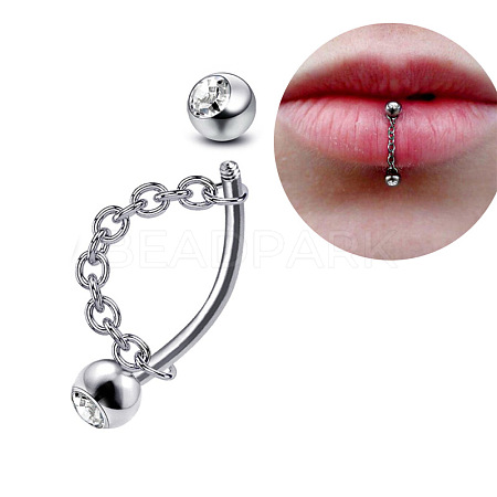 304 Stainless Steel Crystal Rhinestone Curved Barbell Lip Rings with Chains FS-WG77CC5-06-1