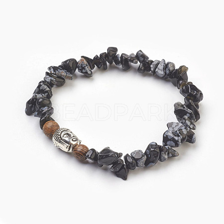 Natural Snowflake Obsidian and Wood Beads Stretch Bracelets BJEW-JB03859-04-1