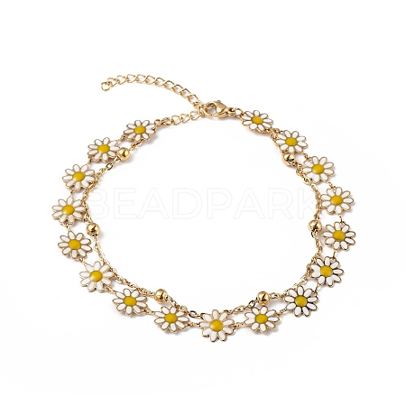 Enamel Daisy Flower Link & Satellite Chains Double Layer Multi-strand Bracelet BJEW-G669-09G-1