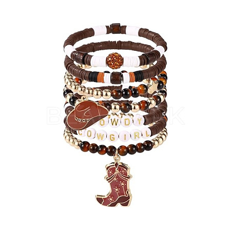 7Pcs Boot Western Cowboy Style Polymer Clay Heishi  & CCB Plastic & Natural Tiger Eye Beaded Bracelets FS-WG5CAF3-03-1