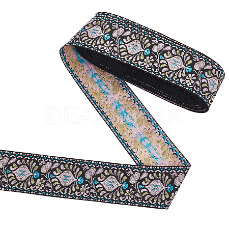 10 Yards Ethnic Style Polyester Jacquard Flower Ribbon OCOR-WH0078-185B-1